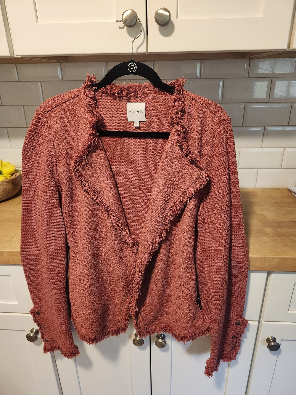 NIC+ZOE Fringed Open Knit Blazer in Rust/Dark Coral